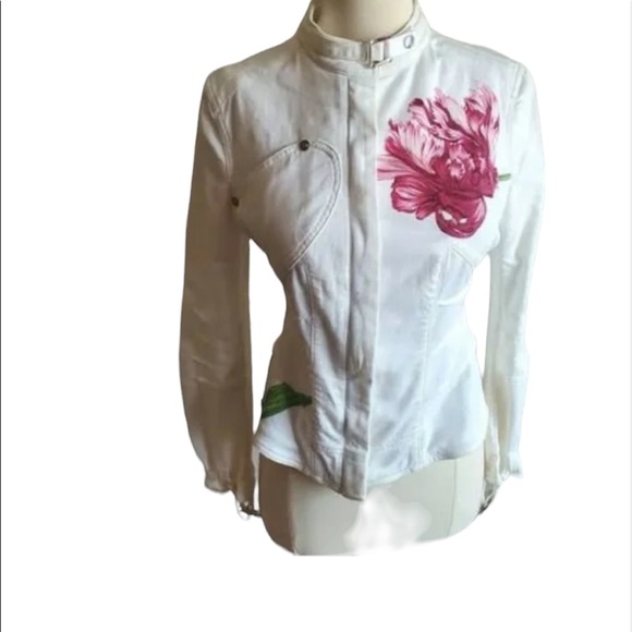 Beautiful GF Ferre White Denim Jacket With Floral Print - Picture 1 of 8